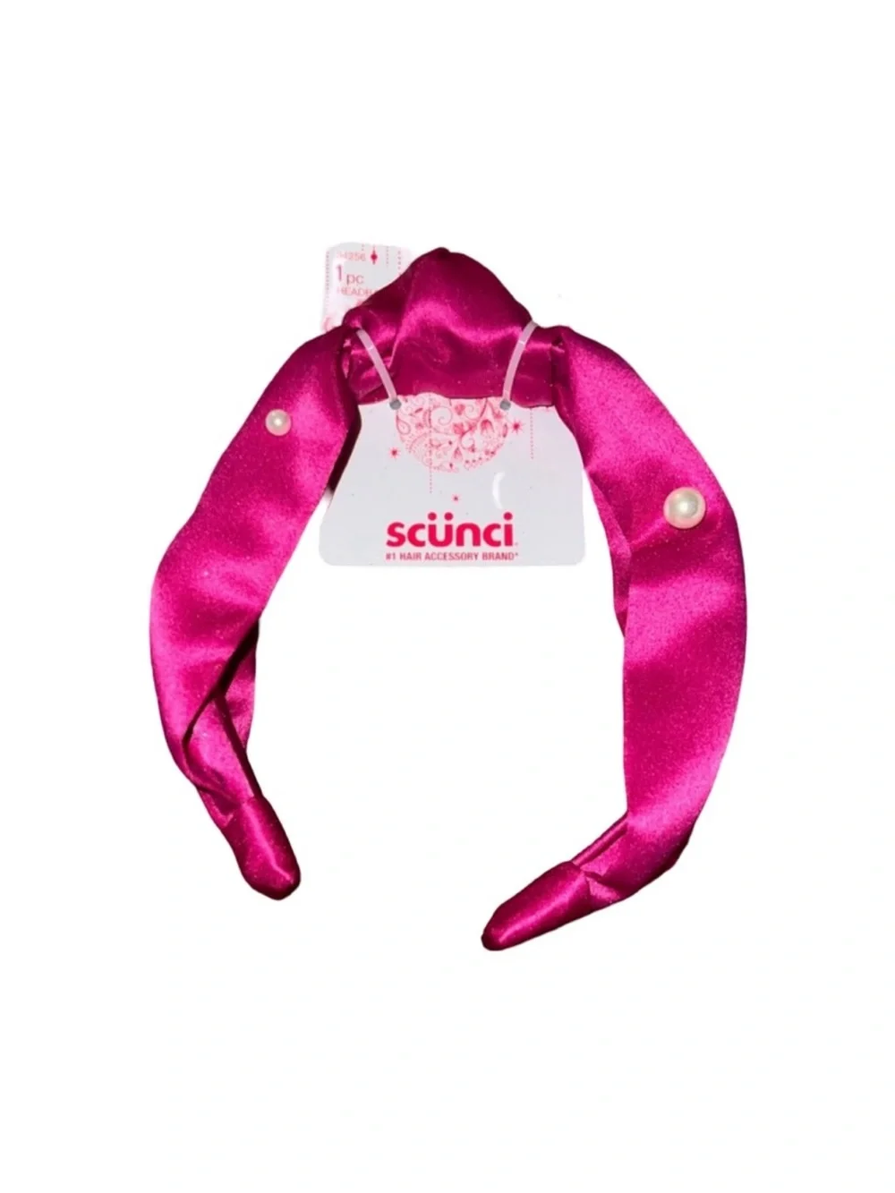 scünci Hot Pink Satin Knotted Headband with Pearl Accents FINAL PRICE DROP